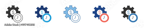 Icon set representing time and cost management, featuring a gear, dollar sign, and clock, symbolizing efficiency, budget control, and project scheduling