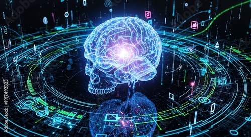 conceptual digital human brain represented through a complex, interconnected neural network.