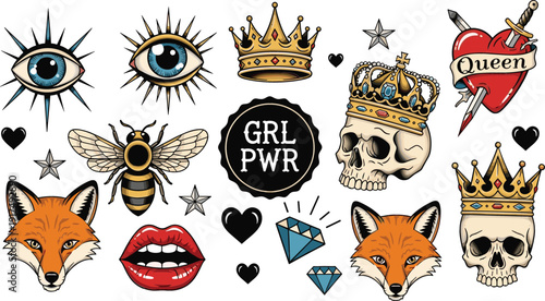 Collection of vintage old school tattoo flash vectors featuring crowned skulls fox heads mystical eyes a honey bee red lips and girl power badges.