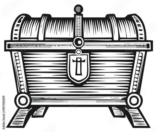 Antique wooden treasure chest with metal accents and decorative latch