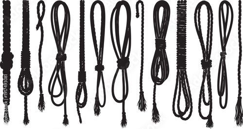 Collection of various black ropes and knots on display