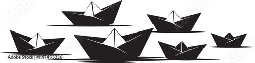 Black paper boats floating on calm water surface illustration