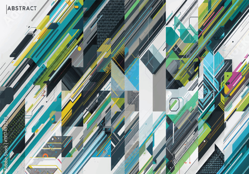 Colorful abstract cityscape with glass buildings and geometric square patterns reflecting the sky