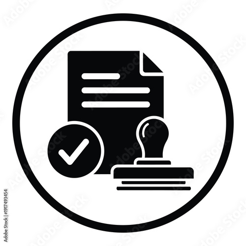 Document approval icon with checkmark and rubber stamp in circle icon