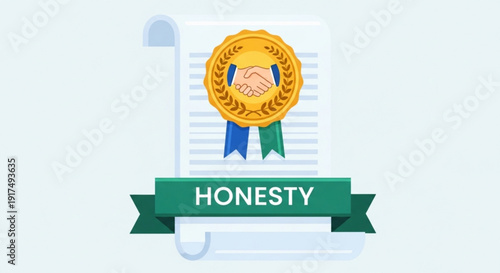 Golden handshake icon on document with honesty banner symbolizing trust and agreement in business
