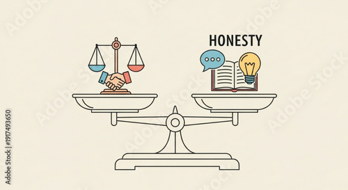 Balance between justice and honesty represented by scales weighing legal documents and open book with lightbulb