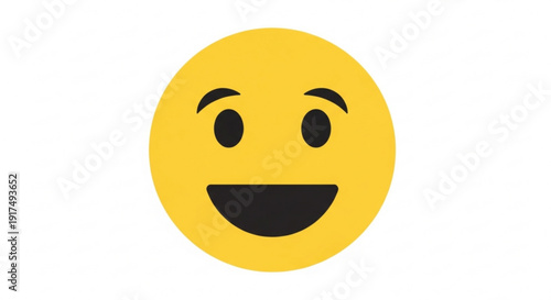 Yellow smiley face emoji with black mouth and eyes on white background expressing happiness and joy simple cartoon design flat illustration emoticon symbol