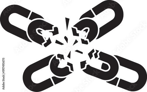 Broken chain links with shattered glass in the middle