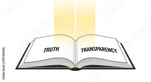 Open book with truth and transparency words on white pages with shining light