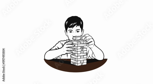 Boy carefully removes block from tower