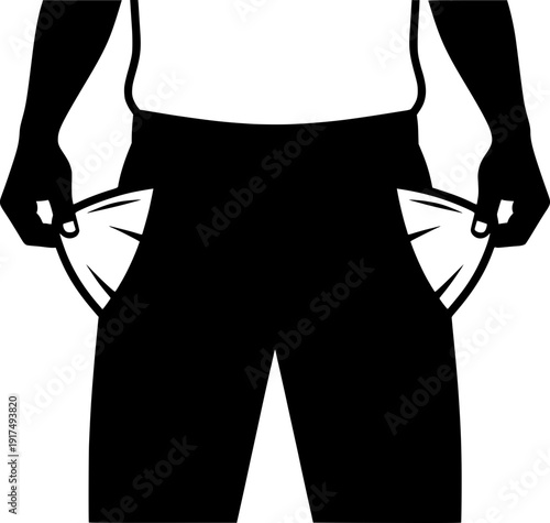Close up of a man showing empty pockets, concept of poverty, financial crisis, bankruptcy and being broke. Black and white vector illustration.