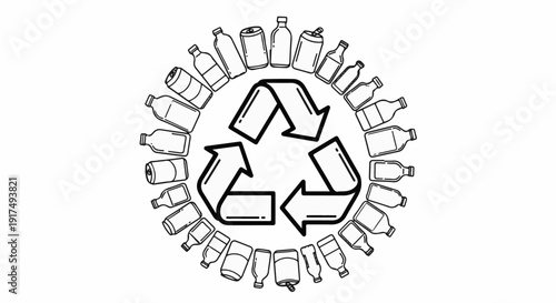 Circle of bottles and cans surrounding a recycling symbol