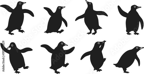 Penguin silhouette illustration set, dancing bird artwork, arctic animal vector design, playful wildlife graphic pack, cold climate symbol collection, sketch