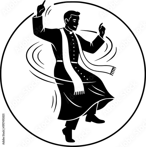 Happy priest or clergyman dancing with joy in a circular frame, spiritual celebration and community happiness concept. Black and white vector illustration.