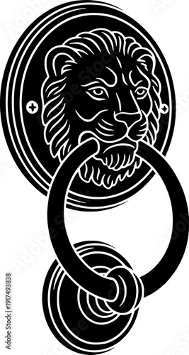Classic lion head door knocker silhouette, antique decorative architectural element, security and luxury concept. Black and white vector illustration.