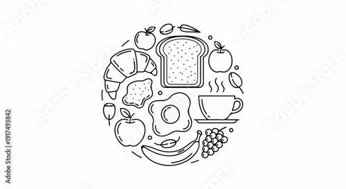 Circle of breakfast items including fruit, toast, egg, coffee, and pastry