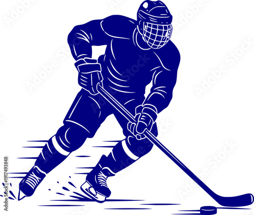 Ice hockey player in action silhouette, skating and hitting a puck. Dynamic winter sports athlete illustration in blue tones.
