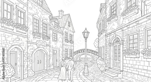 Couple walks hand-in-hand down cobblestone street beside old buildings