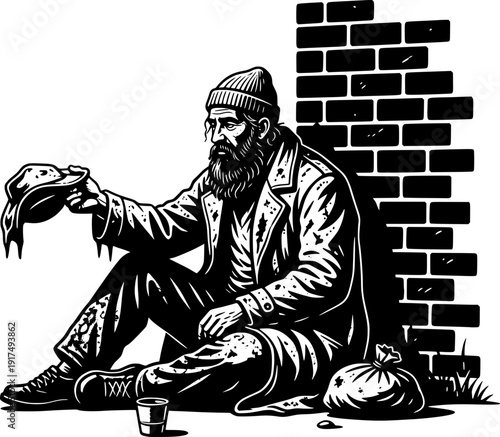 Homeless man with beard and beanie sitting by a brick wall, holding out a hat for help. Concept of poverty, social crisis, and hope. Black and white woodcut style vector.