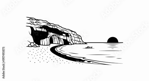 Coastal cliff with cave, sandy beach, calm sea, and setting sun