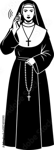 Catholic nun in traditional habit talking on a smartphone and holding a rosary, modern communication and religion concept. Black and white vector illustration.