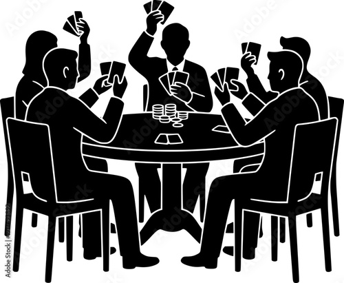 Group of people playing poker at a round table, holding cards and betting chips. Professional gambling, strategy and night life concept. Black and white vector illustration.