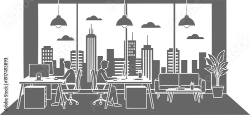 Modern open space office interior with coworkers at desks, skyline city view through large windows, and contemporary furniture. Flat vector illustration in gray tones.