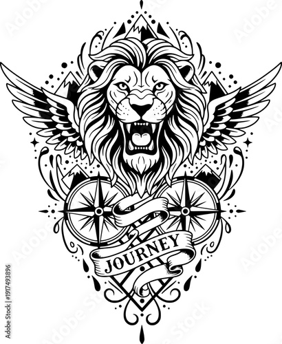 Majestic winged lion head illustration with compass, mountains and "Journey" ribbon. Geometric heraldic emblem in black and white tattoo style.
