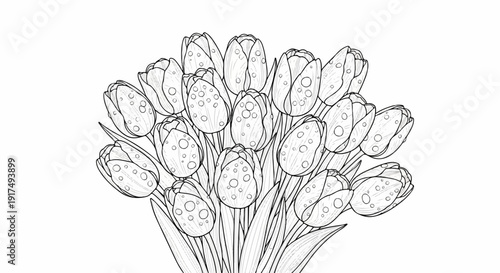 Delicate black and white line drawing of a lush bouquet of tulips adorned with water droplets