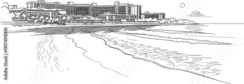 Coastal resort buildings line the shore with waves lapping the beach