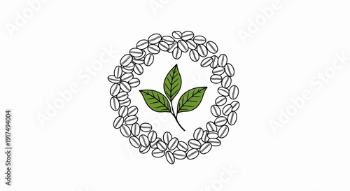 Circular arrangement of coffee beans with green leaves in center