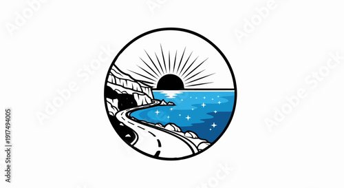 Coastal road curves towards sun and sparkling sea within a circle