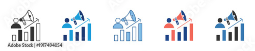 Strategic marketing and communication icon collection symbolizing business growth, promotion, and successful audience reach with upward trending data visualization for various platforms