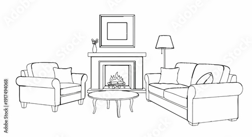 Cozy living room sketch with fireplace, sofa, armchair, table and lamp