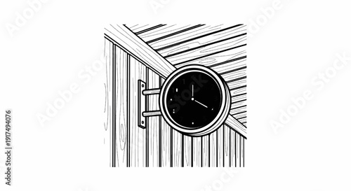 Circular black clock face on a wooden wall with striped texture