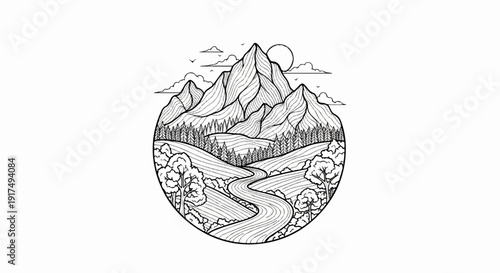 Circular depiction of a serene mountain landscape with a winding river and forest