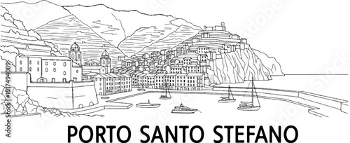 Coastal town nestled in hills with boats in harbor, black and white sketch