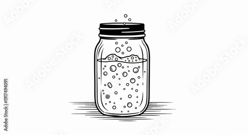 Bubbling liquid inside a glass jar with a metal lid, resting on a striped surface