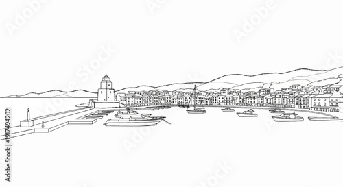 Coastal town with lighthouse, harbor, and yachts under rolling hills