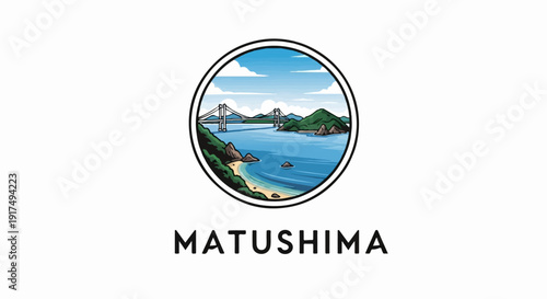 Circular emblem depicts a picturesque coastal scene with a suspension bridge