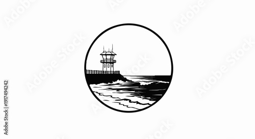 Circular emblem of a coastal watchtower beside the ocean with waves