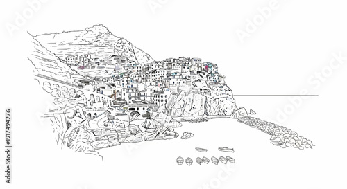 Coastal village with buildings on cliffs above a rocky bay with boats