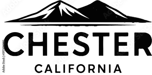 Black and white logo featuring mountains above text for Chester, California