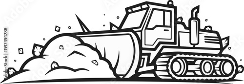 Bulldozer with wide blade pushes pile of earth and rocks