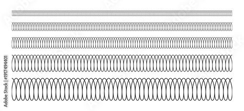 Spiral spring line set. Metal wire coil spring icon collection. Thin zigzag waves symbol. Flexible coil shapes. Loop line seamless pattern. Vector illustration isolated on white background. 