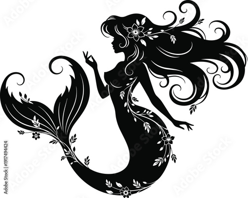 Graceful mermaid silhouette with flowing hair and floral accents elegant fantasy ocean illustration decorative design for print branding