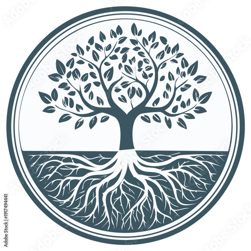 Stylized Tree of Life with Visible Roots in a Circular Emblem