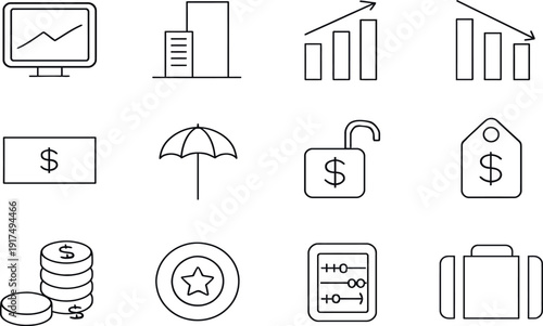 Business and Finance Icons: A minimalist arrangement of financial and business icons, meticulously crafted to represent key concepts in the realm of commerce and economics. 