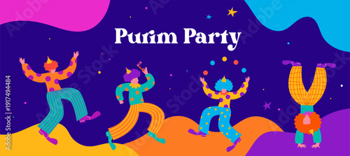 Happy Purim - Jewish holiday, Carnival. Colorful geometric background with abstract people, clowns in vibrant modern style.