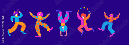 Happy Purim - Jewish holiday, Carnival. Colorful geometric background with abstract people, clowns in vibrant modern style.